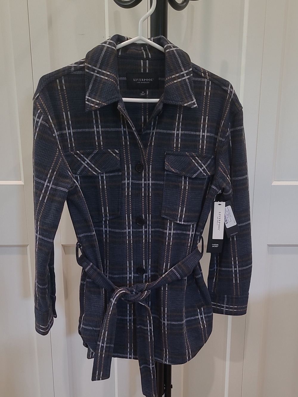 LIVERPOOL Navy and White Plaid Button-Front Belted Shirt/Jacket NWT